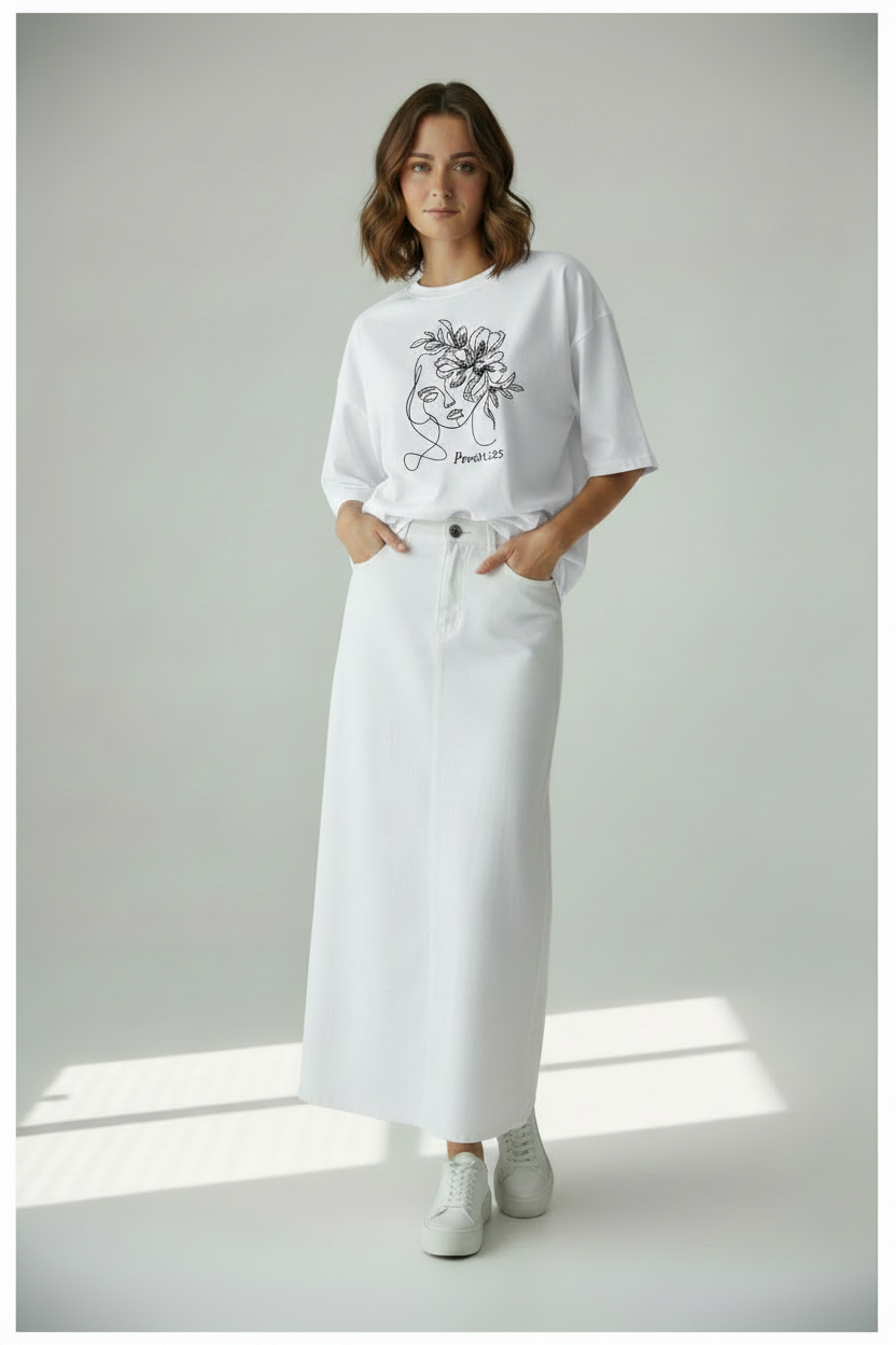Camiseta Blanca Oversized + Bordado Negro + Falda Jean Blanca