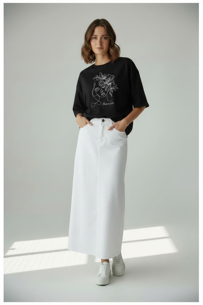 Camiseta Negra Oversized + Bordado Blanco + Falda Jean Blanca