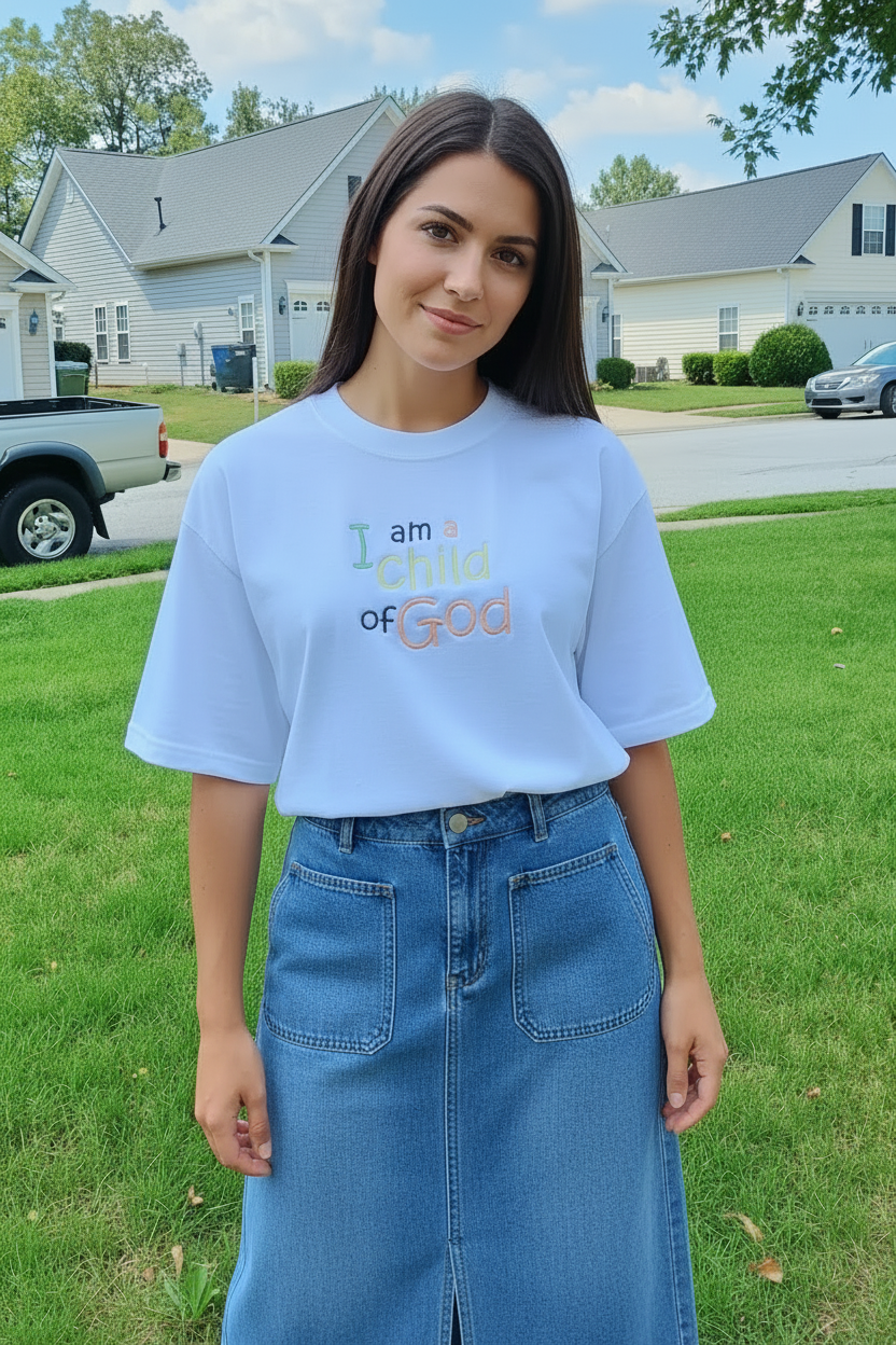 Mujer con camiseta y falda de jean larga
