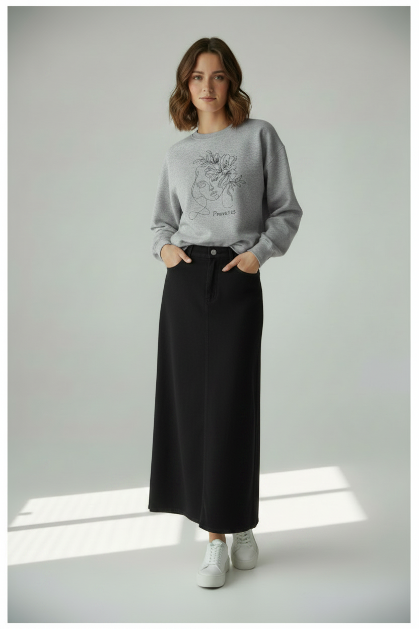 Mujer Virtuosa - Gris + Bordado Negro + Falda Negra