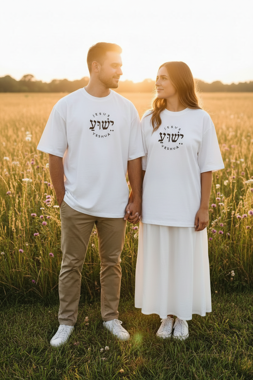 Pareja camiseta blanca bordado negro Jesus Yeshua