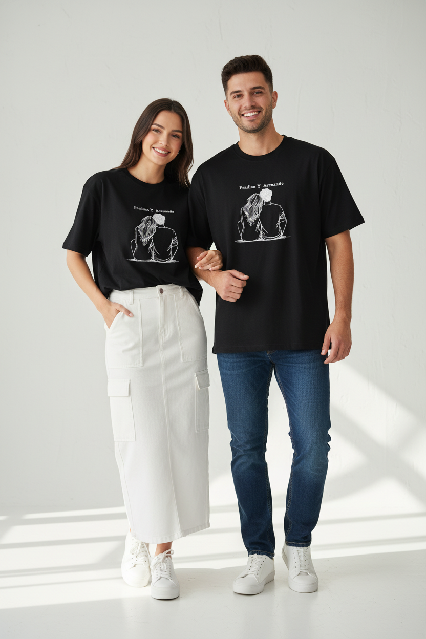 Pareja con bordado Paulina Y Armando en camiseta negra