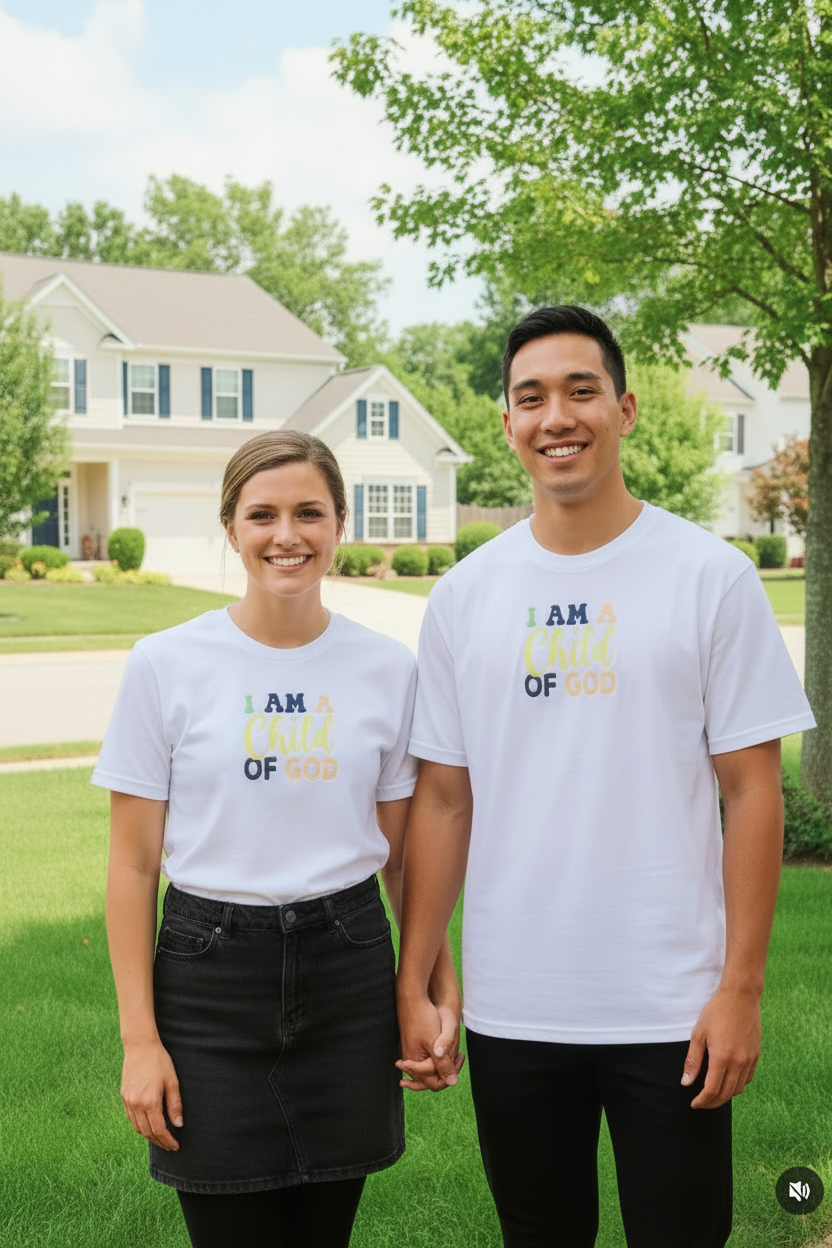 Pareja con camiseta I Am A Child of God - falda de jean negra