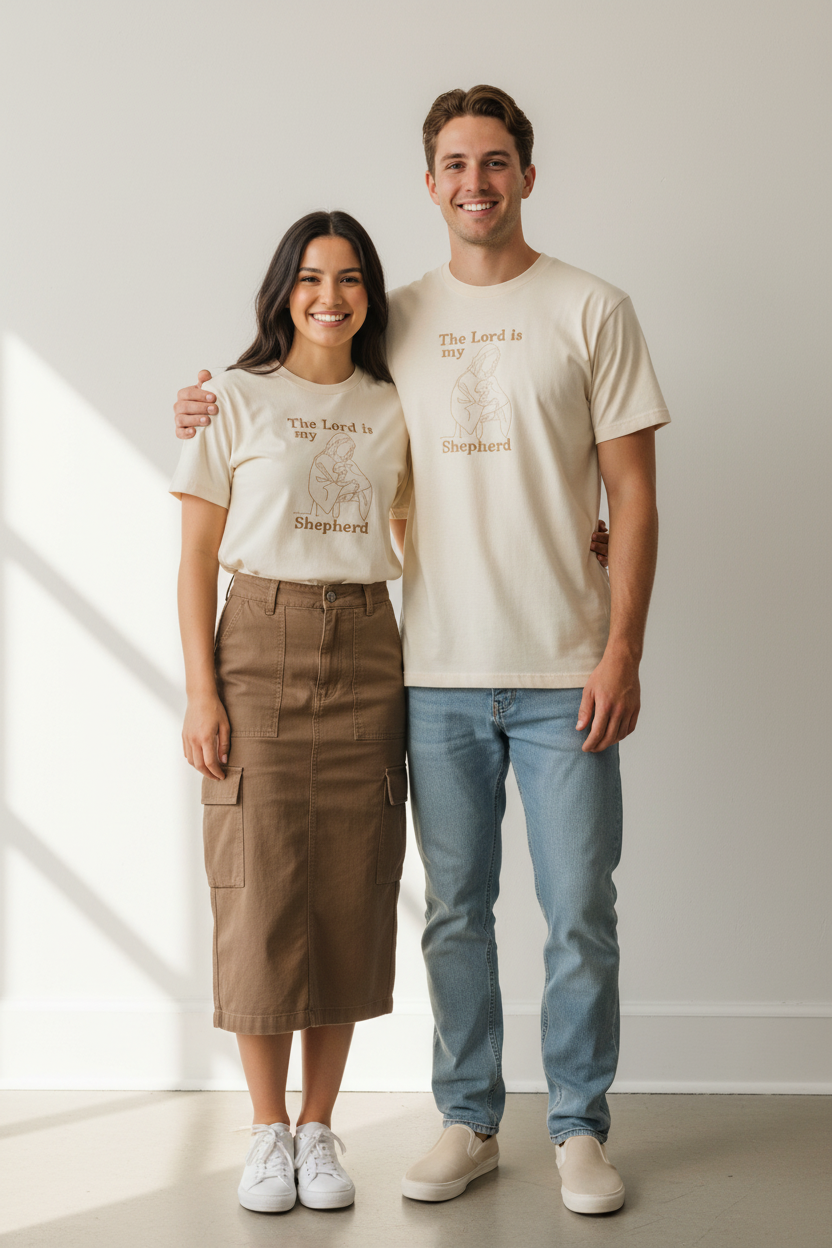 Pareja con camiseta y falda cargo marrón