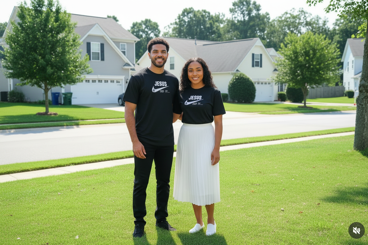 Pareja con camisetas negras Jesus Did It