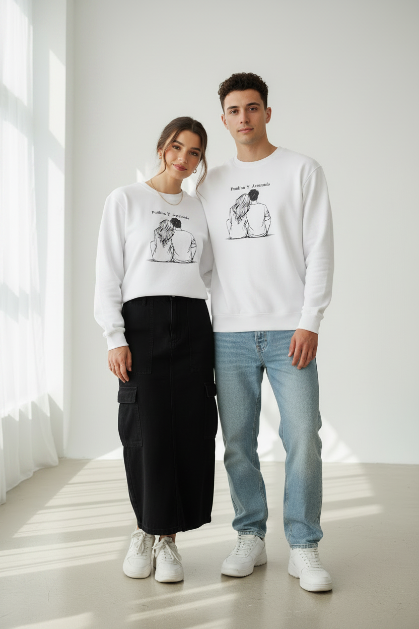 Pareja con sudadera blanca