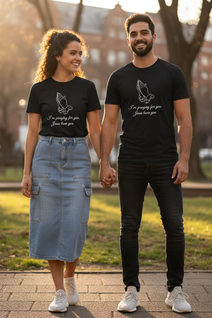 Pareja joven con camisa "Estoy orando por ti"
