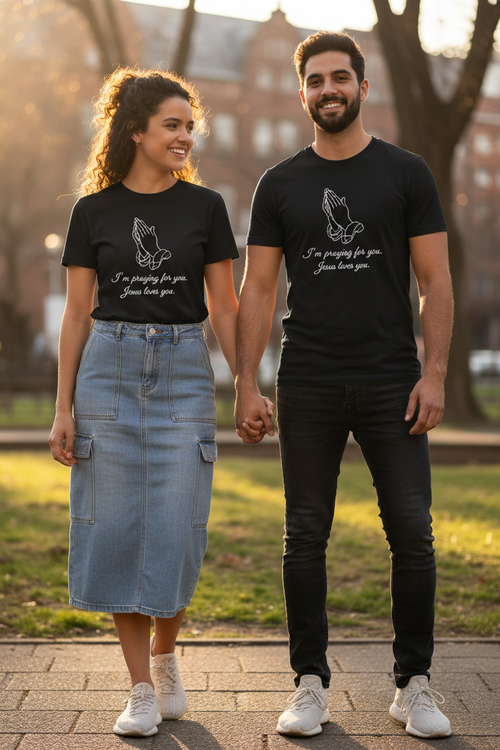 Pareja joven con camisa "Estoy orando por ti"