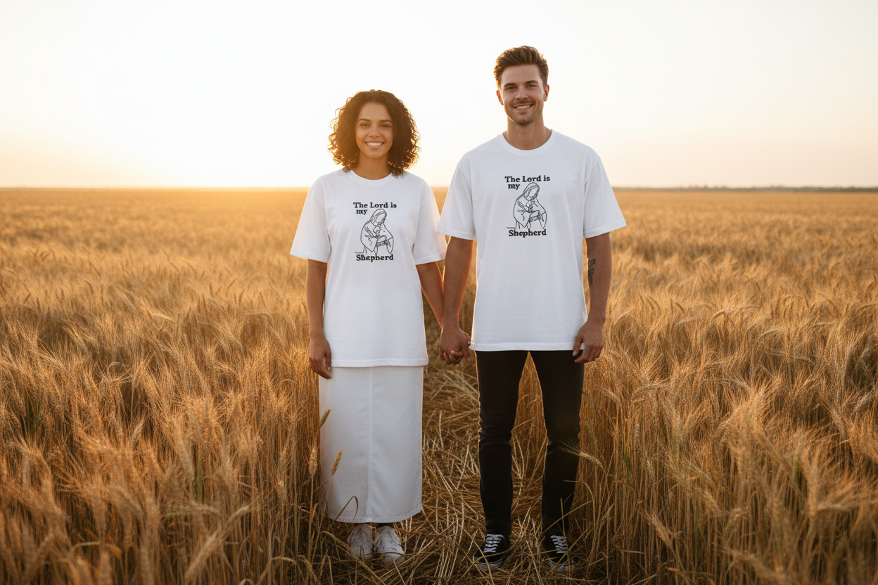 The Lord is my Shepherd - Pareja camisetas blancas bordado negro