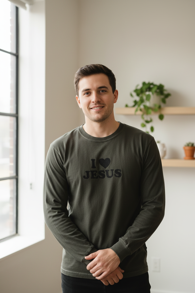 Young man wearing I Love Jesus shirt